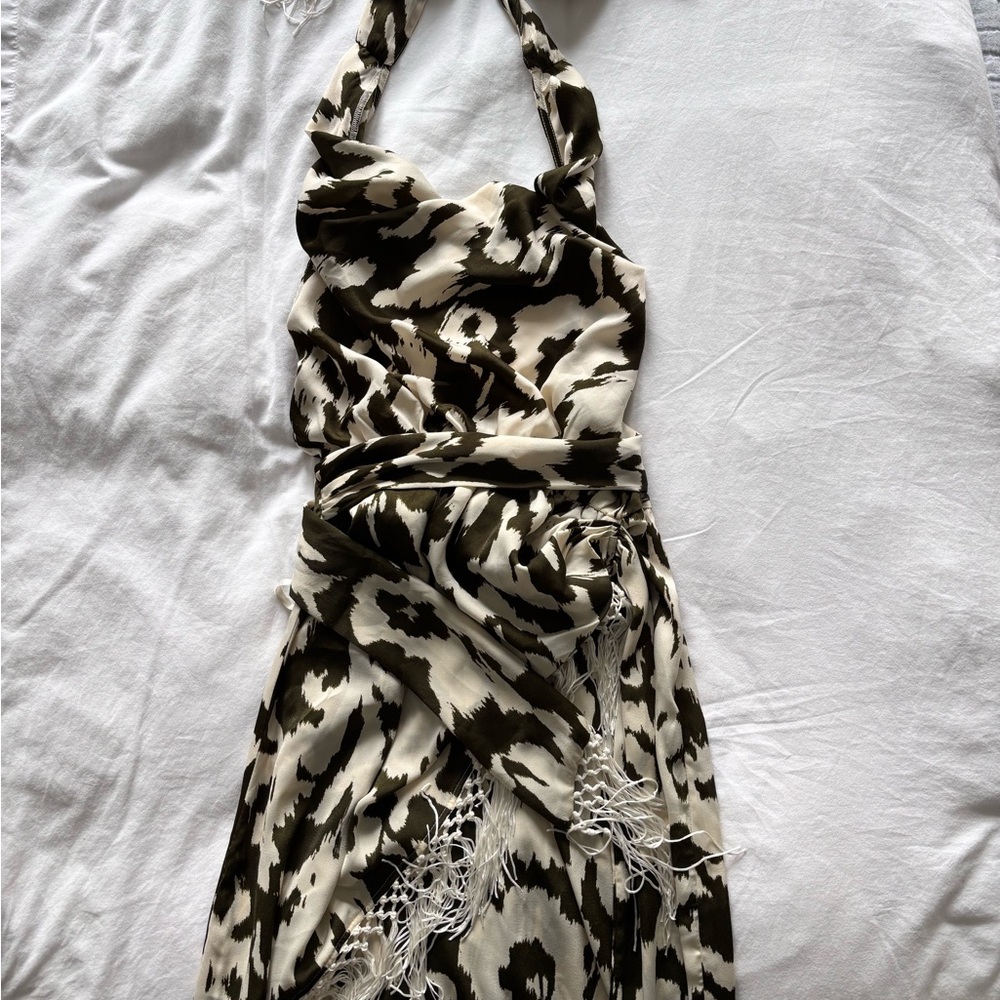 Anthropologie Backless Halter Dress in Cream and Black Abstract Print